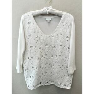 J. JILL | White Floral Lace Overlay Top V-Neck 3/4 Sleeve | Size Large